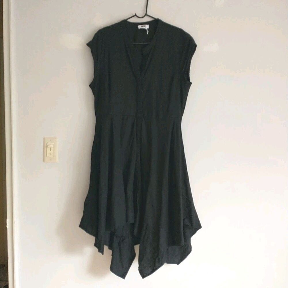 DKNY Pure Midi Dress L Black 100% Linen Fit & Flare Hankerchief V Neck Buttons